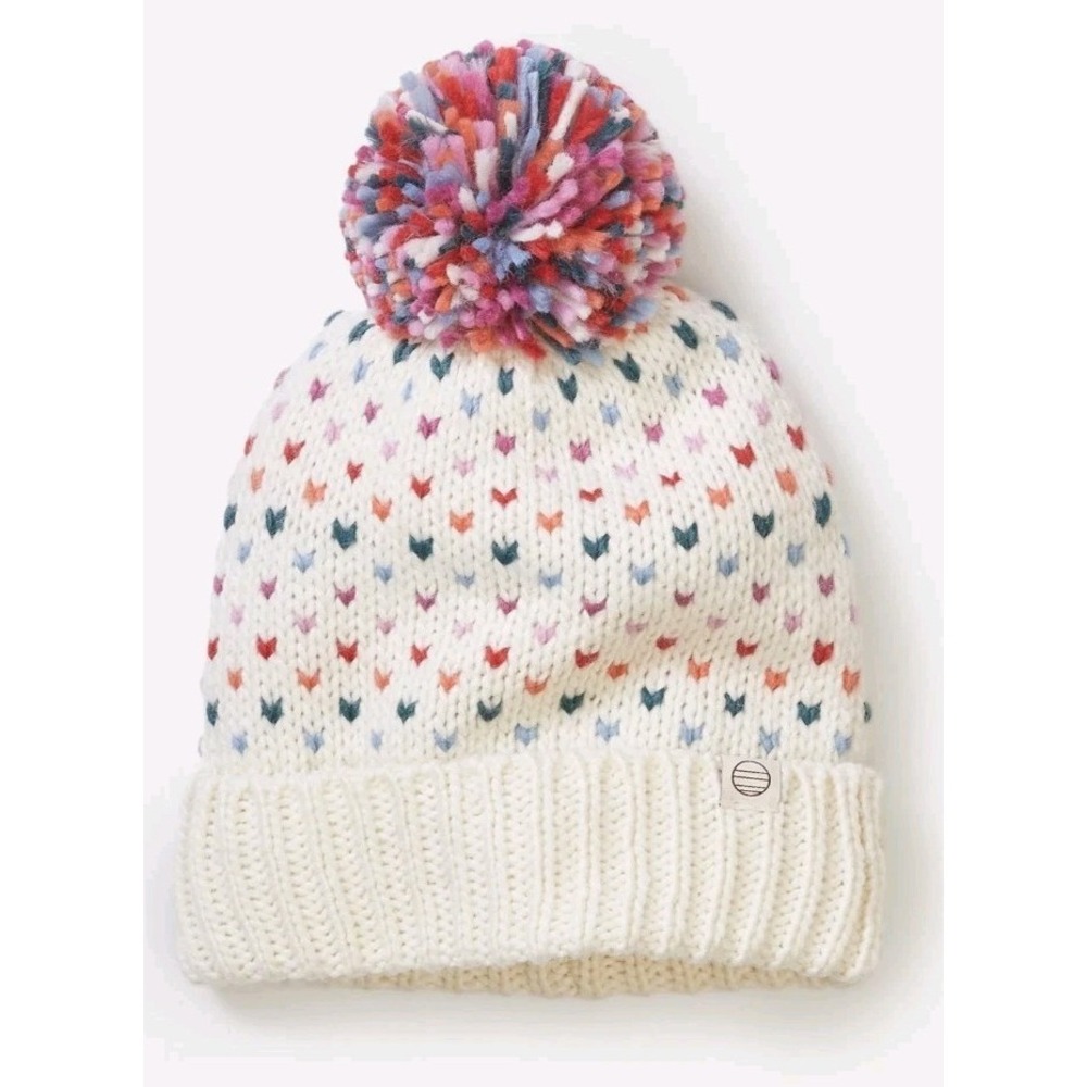 New Marine Layer Rainbow Pom Beanie Hat Multi Women OS Winter Snow Ski Beige